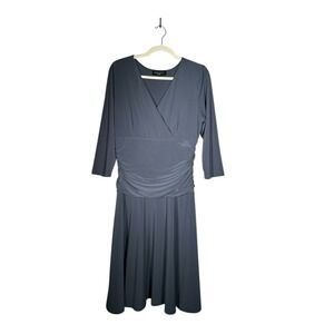 Rekucci Womens Charcoal V Neck 3/4 Sleeve Ruched Wrap Midi Dress Size 12
